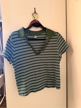 Old Navy Green and White Striped Polo Crop Top